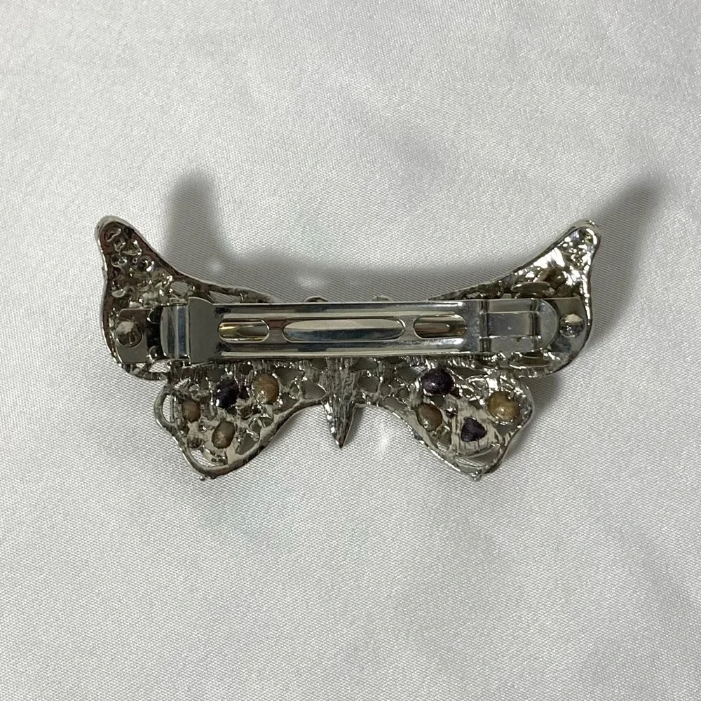 Metal Silver Curlicue Butterfly Barrette with Purple and Brown Glittery Stones - Picture 3 of 9